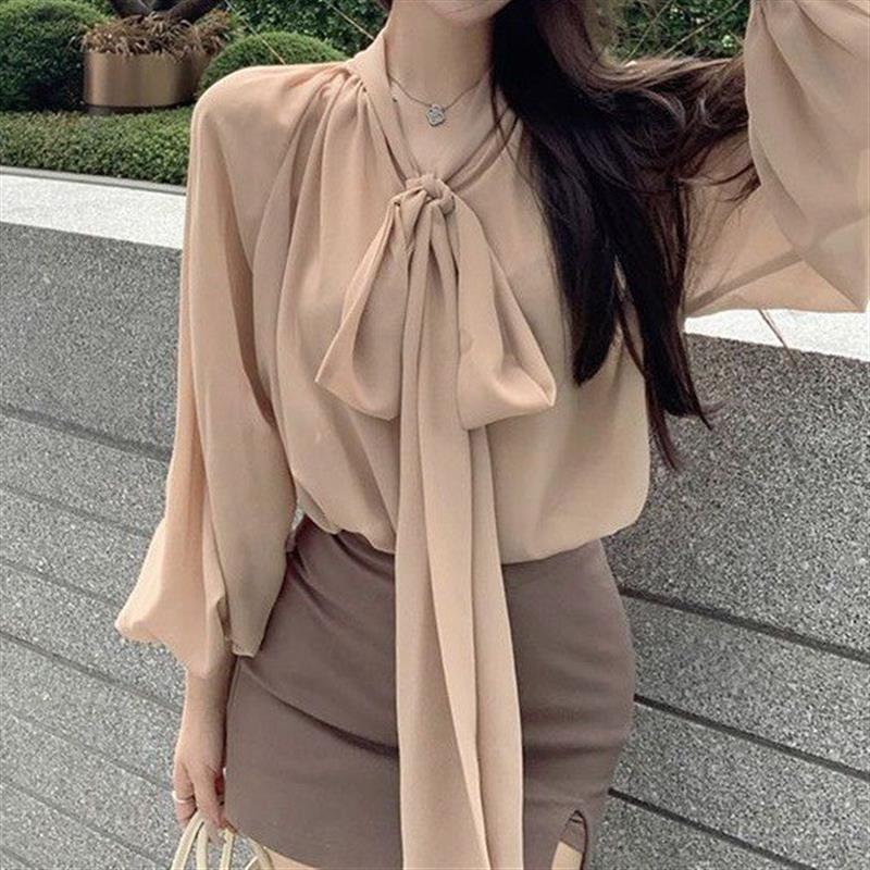 法式蝴蝶结绑带长袖纯色衬衫女新款宽松设计感时尚百搭上衣包臀裙