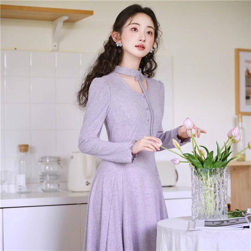 别致独特紫色裙子绝美礼服日常可穿温柔气质超好看针织连衣裙秋冬
