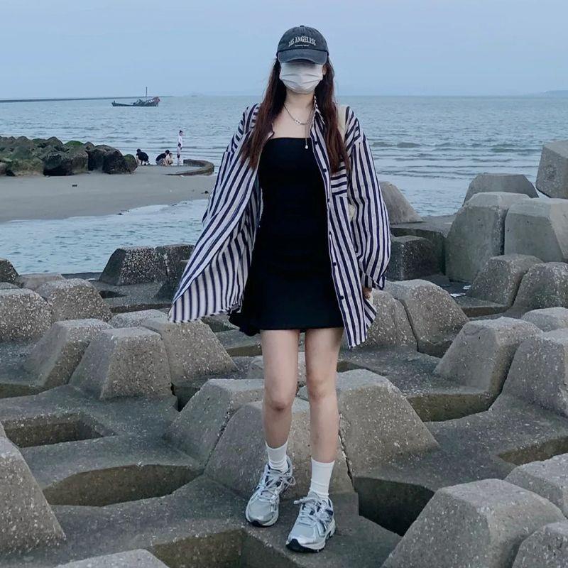 夏季穿搭一整套女长袖条纹衬衫外套黑色连衣裙子收腰显瘦搭配套装