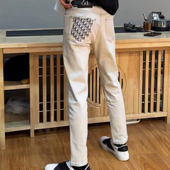 秋冬款浅灰后兜刺绣牛仔裤男士欧美潮牌网红同款直筒小脚九分裤子