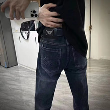 秋冬款印花老鹰牛仔裤男士欧美潮牌网红同款直筒小脚学生九分裤子
