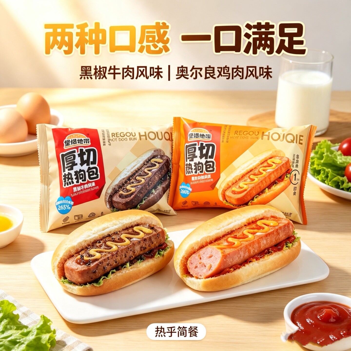 堡焙地带厚切热狗包85g*4袋奥尔良鸡肉/黑椒牛肉学生夹心面包早餐