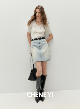 CHENE YI 中腰下摆流苏水洗浅色a字裙高级设计感牛仔短裙女半身裙