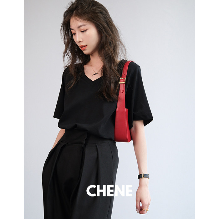 CHENE伊伊tshirt女短袖三色V领纯棉t恤宽松设计感显瘦纯色上衣