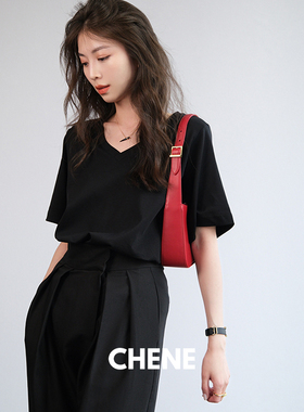 CHENE伊伊tshirt女短袖三色V领纯棉t恤宽松设计感显瘦纯色上衣