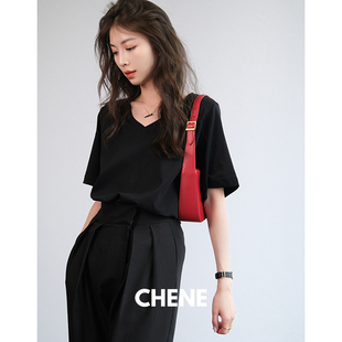 CHENE伊伊tshirt女短袖 三色V领纯棉t恤宽松设计感显瘦纯色上衣