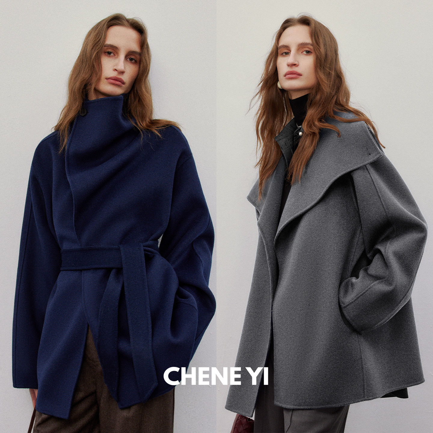 CHENE YI 気质感落肩阔版丝毛斗篷双面呢大衣女士短款毛呢外套