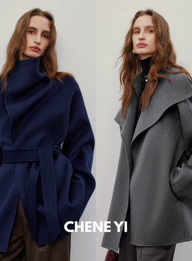 CHENE YI 気质感落肩阔版丝毛斗篷双面呢大衣女士短款毛呢外套