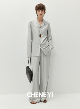 CHENE YI 慵懒舒适級简亚麻衬衫式外套/松紧腰宽松休闲裤套装女