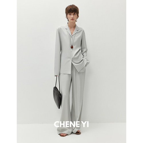 CHENE YI 慵懒舒适級简亚麻衬衫式外套/松紧腰宽松休闲裤套装女