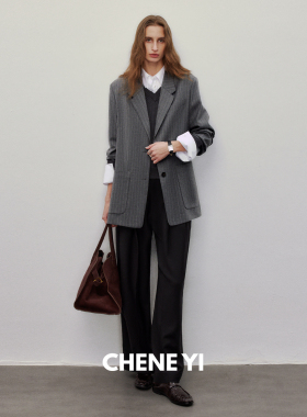 CHENE YI OL通勤风贴袋羊毛条纹西装女设计感落肩直筒休闲外套