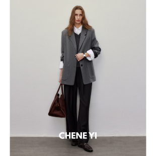 女设计感落肩直筒休闲外套 OL通勤风贴袋羊毛条纹西装 CHENE