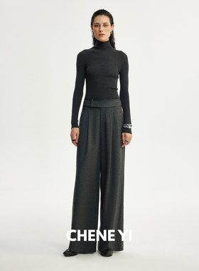 CHENE YI  时髦佰搭羊毛混纺拼皮腰头设计感单褶阔腿裤女休闲长裤