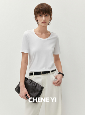 CHENE YI 匹马棉圆领刺绣侧开叉设计感白色短袖T恤女内搭上衣