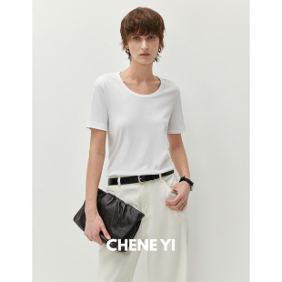 T恤女内搭上衣 匹马棉圆领刺绣侧开叉设计感白色短袖 CHENE