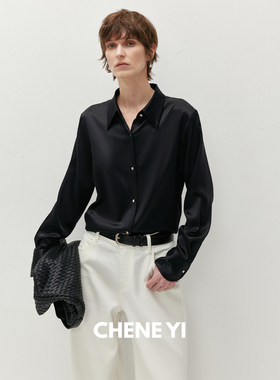 CHENE YI 桑蚕丝长袖直筒设计感金扣真丝衬衫女黑色显瘦上衣外套