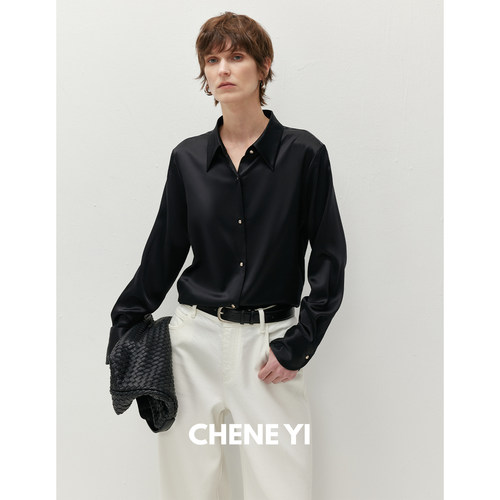 CHENE YI 桑蚕丝长袖直筒设计感金扣真丝衬衫女黑色显瘦上衣外套