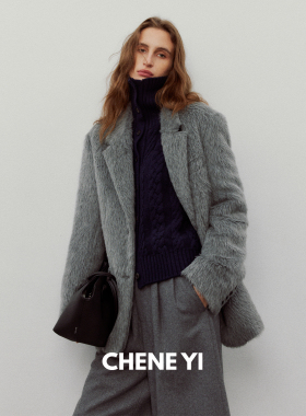 CHENE YI 意大利进口TEXCO长毛平驳领廓形灰色长毛西装大衣外套女