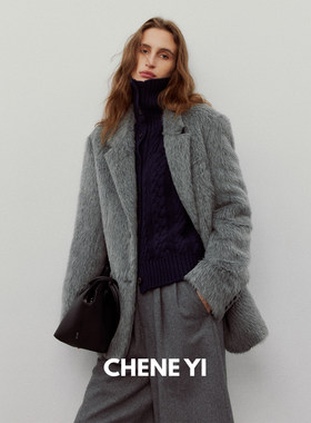 CHENE YI 意大利进口TEXCO长毛平驳领廓形灰色长毛西装大衣外套女