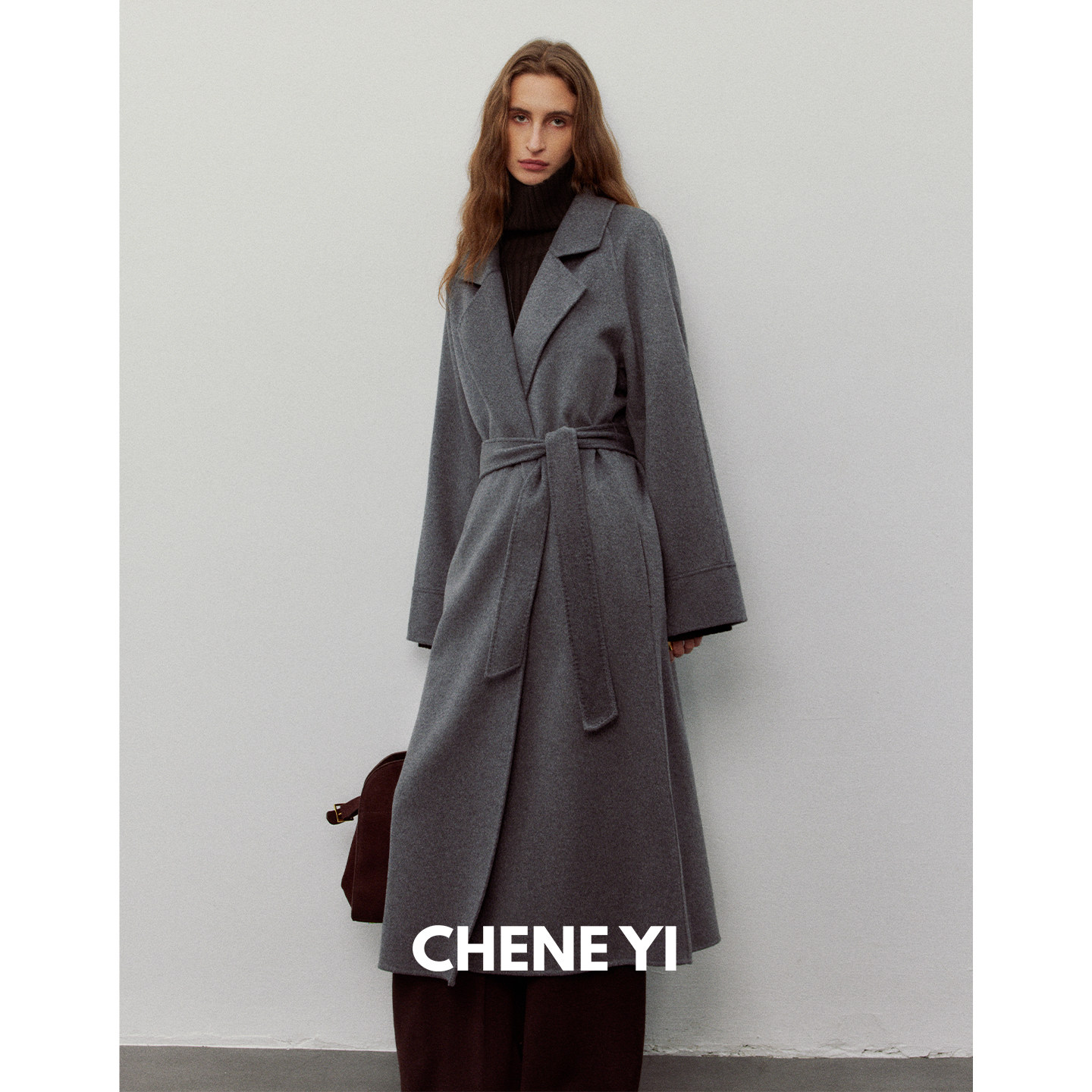 CHENE YI 康赛妮丝毛混纺松弛设计感灰色浴袍大衣女长款毛呢外套