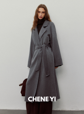 CHENE YI 康赛妮丝毛混纺松弛设计感灰色浴袍大衣女长款毛呢外套