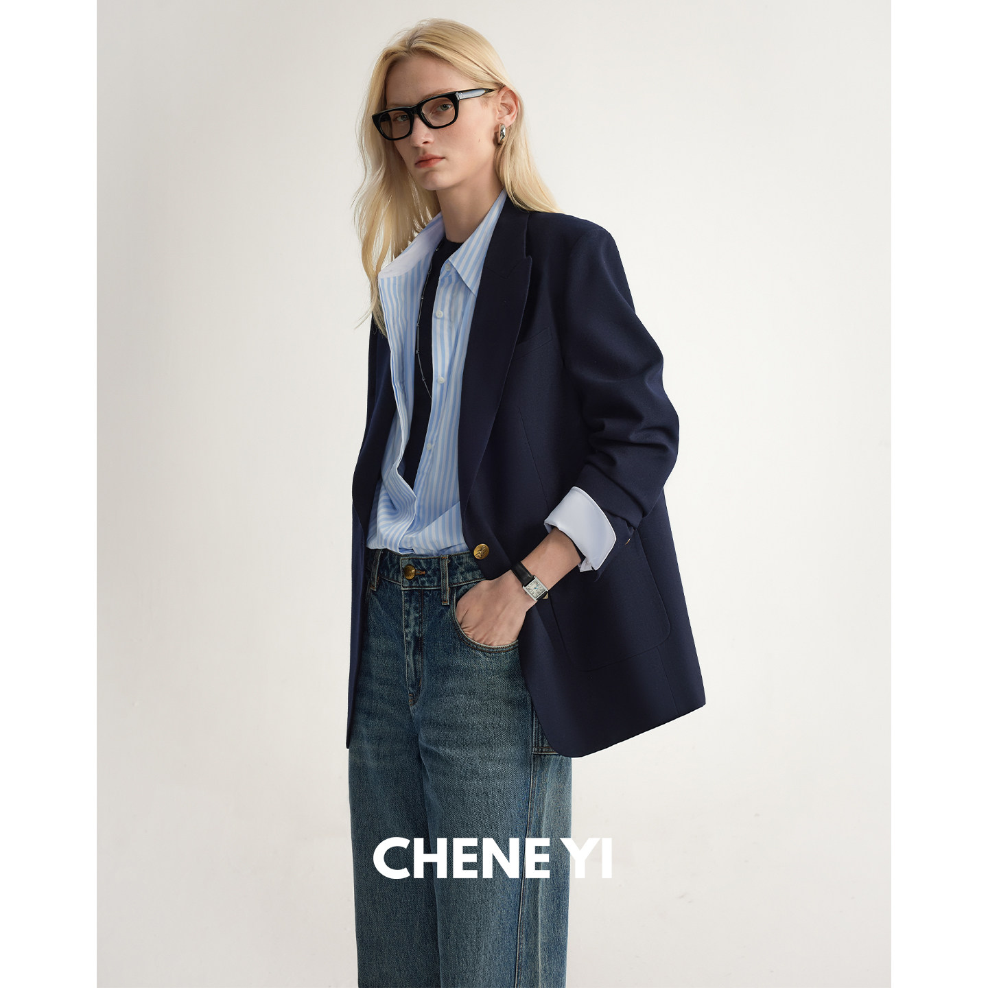 CHENE YI 意大利进口Angelico羊毛金扣贴袋西装女通勤穿搭外套