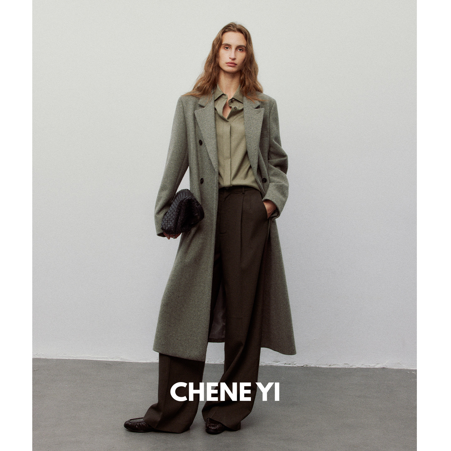 CHENE YI 复古设计感橡木色长款西装式大衣女双排扣羊毛毛呢外套