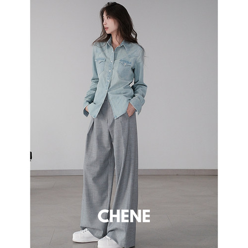 CHENE YI欧洲进口BERTO口袋几何绗线设计柔软水洗牛仔衬衫女上衣