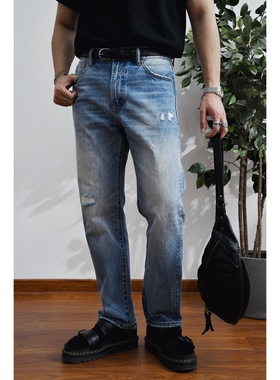 柴米14oz重水洗破坏浅蓝色牛仔裤男小直筒休闲裤美式复古阿美咔叽