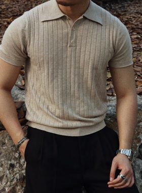 柴米针织翻领Polo男士短袖T恤老钱风美式复古上衣阿美咔叽夏季