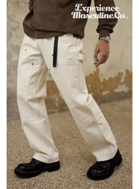 柴米白色伐木工休闲裤男破坏水洗机车牛仔裤直筒宽松美式复古咔叽