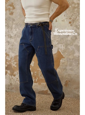 柴米蓝色伐木工洗水牛仔裤男中腰宽松直筒重磅美式机车长裤咔叽