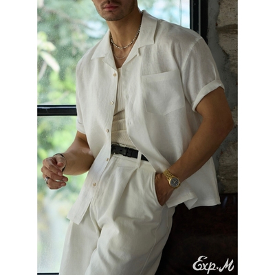 柴米古巴领老钱风短袖亚麻衬衫男士开衫克莱因蓝宽松美式复古咔叽