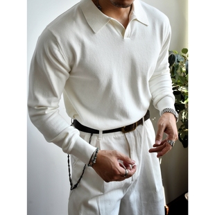 长袖 男简约纯色海鸥领短款 上衣 新款 柴米马球领棉混纺翻领毛衣秋季