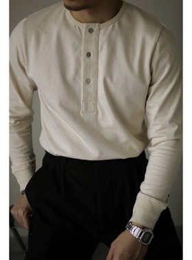 柴米长袖亨利领米白T恤阿美咔叽重磅男修身休闲全棉阿美咔叽秋冬