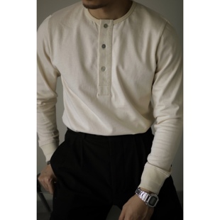 柴米长袖 休闲全棉阿美咔叽秋冬 亨利领米白T恤阿美咔叽重磅男修身