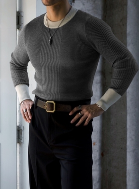 柴米重磅纯棉紧身针织T恤男士秋季新款美式复古肌理感长袖打底衫