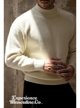 柴米重磅加厚半高领毛衣男纯棉厚实休闲宽松落肩打底美式复古咔叽