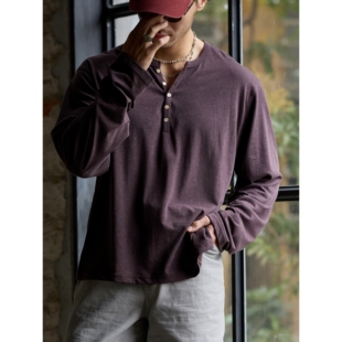 柴米美式复古亨利领短宽版型长袖T恤男boxy宽松轻薄透气打底上衣