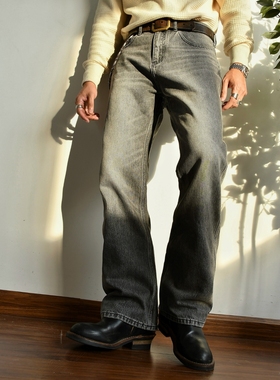 柴米14oz重磅全棉水洗微喇牛仔裤美式复古黑灰色中腰休闲百搭长裤