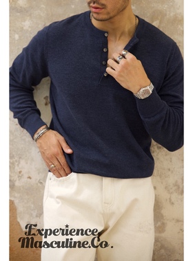 柴米亨利领针织T恤男士长袖全棉休闲打底衫美式复古阿美咔叽秋冬