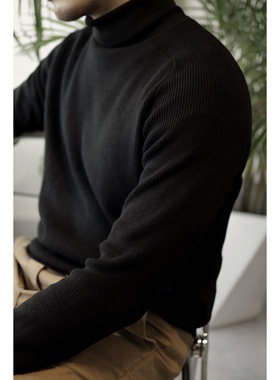 柴米高领套头羊毛黑色毛衣男重磅保暖打底插肩针织衫秋冬阿美咔叽