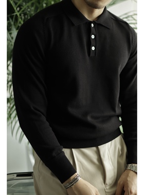 柴米黑色马鞍肩纯棉针织polo衫男士长袖翻领美式复古T恤毛衣秋冬