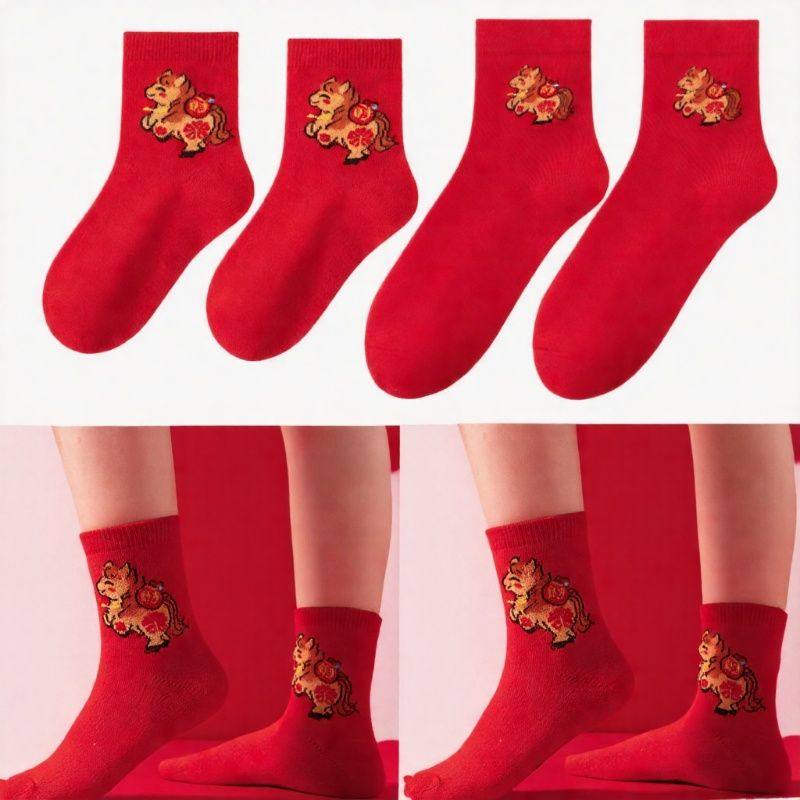马年红色亲子袜子一家三四五口全家过年儿童男女2026新年生肖马袜