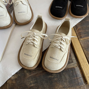 圆头系带女鞋 磨砂面森女休闲布鞋 春夏文艺单鞋 软底舒适平底乐福鞋