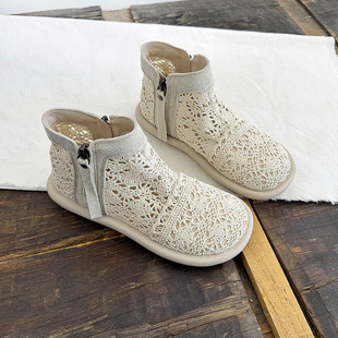 网面夏季 沙滩靴子舒适平底休闲文艺短筒靴圆头镂空透气网靴森女鞋