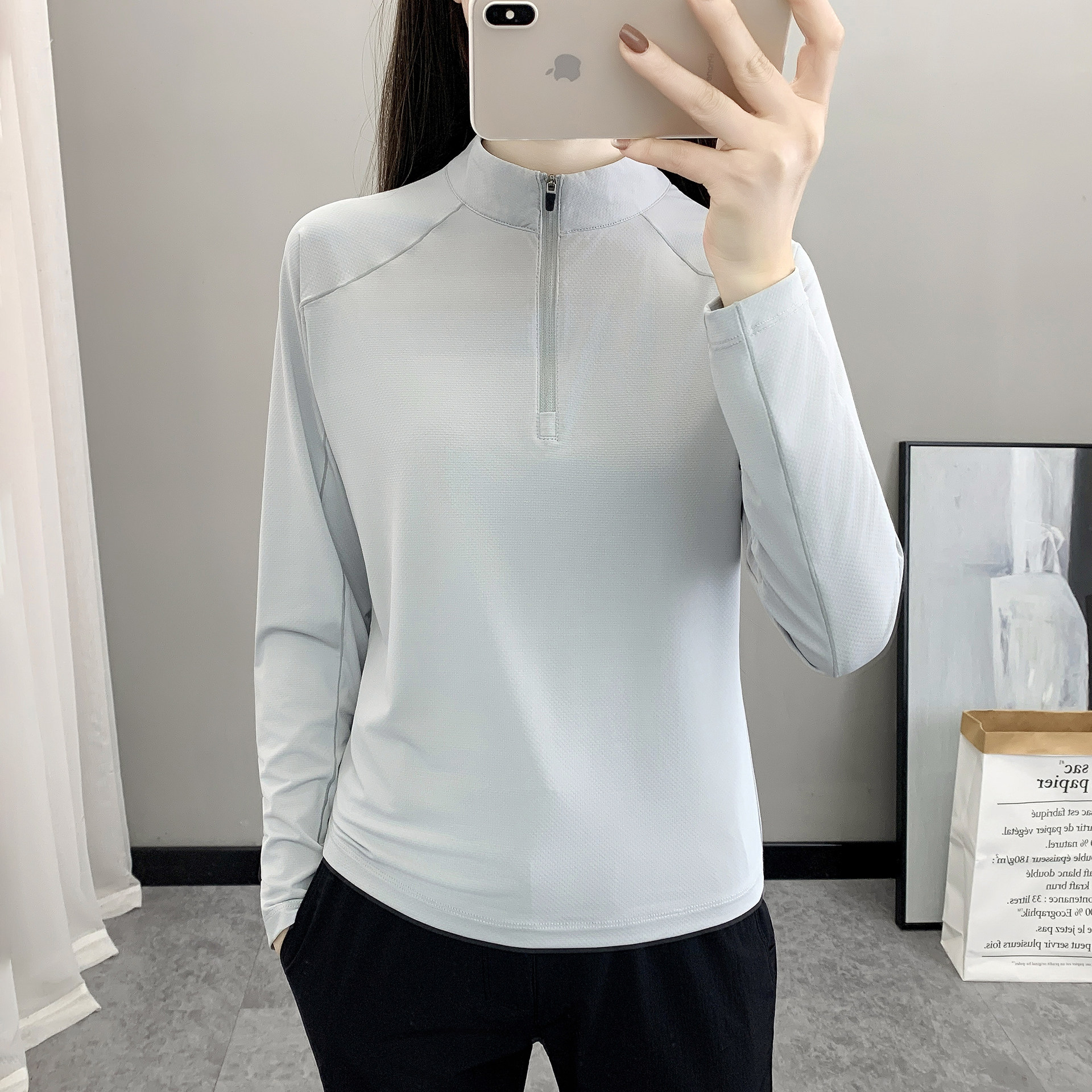 防晒冰丝速干衣女士春夏新款运动户外徒步旅行半拉链长袖t恤透气