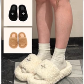 百搭黑丝绒毛毛拖鞋 毛毛拖女外穿十字花拖鞋 厚底一字拖鞋 毛茸茸