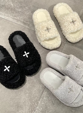 吴宣仪同款新款灰色十字架厚底毛毛拖鞋女休闲百搭厚底毛绒绒拖鞋