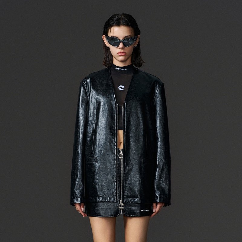 inxx restucco西装时尚v领高级廓形pu亮面外套男女rcd3146008